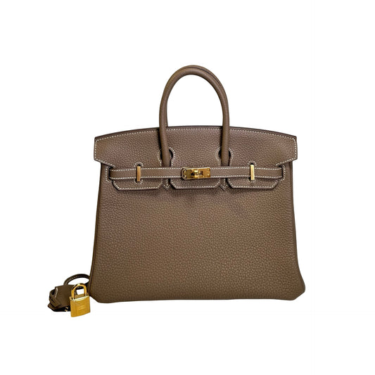 Used HERMES Togo Birkin 25 Handbag Etoupe Gold