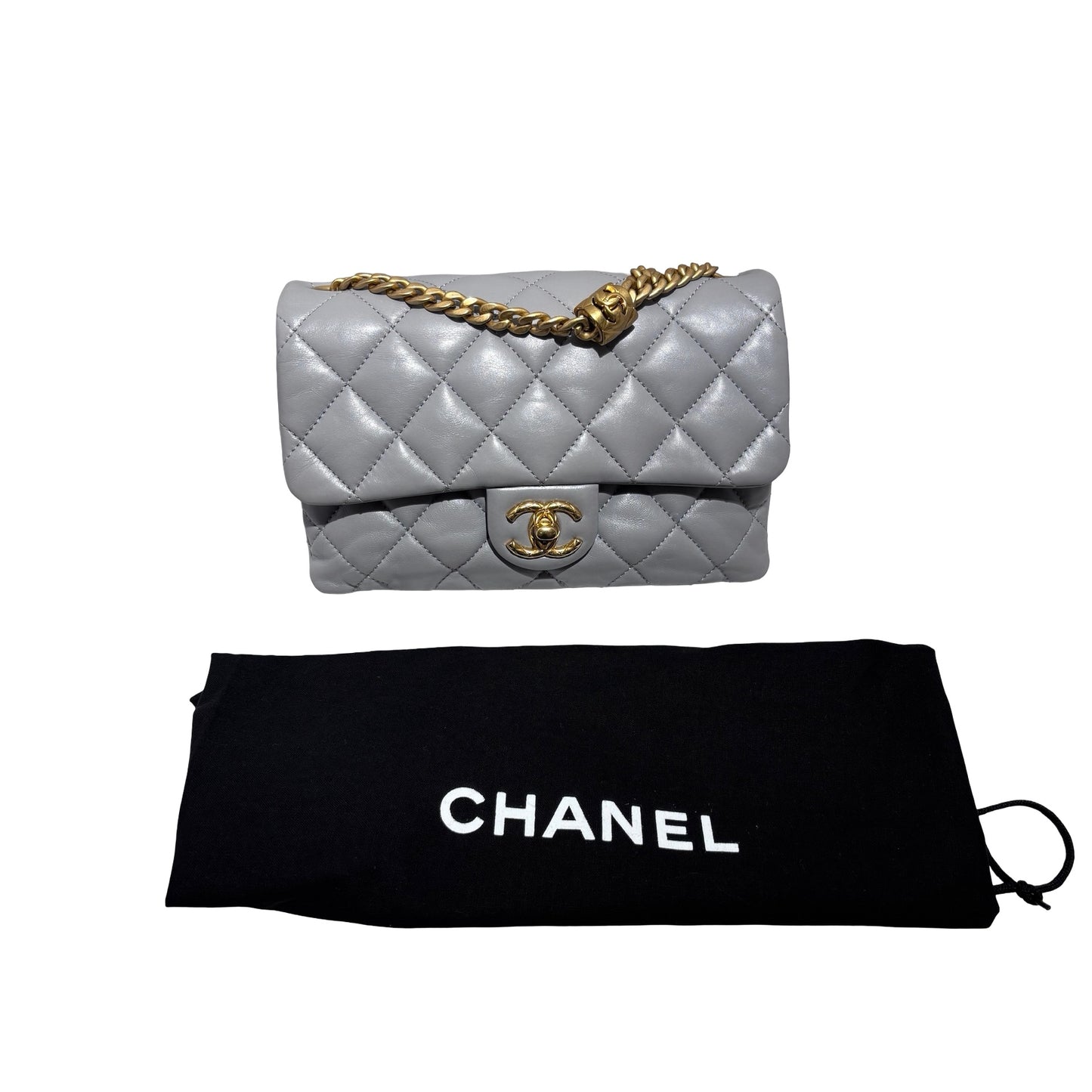 Used CHANEL Lambskin 22K all slide adjustable small flap bag Cross body bag Grey