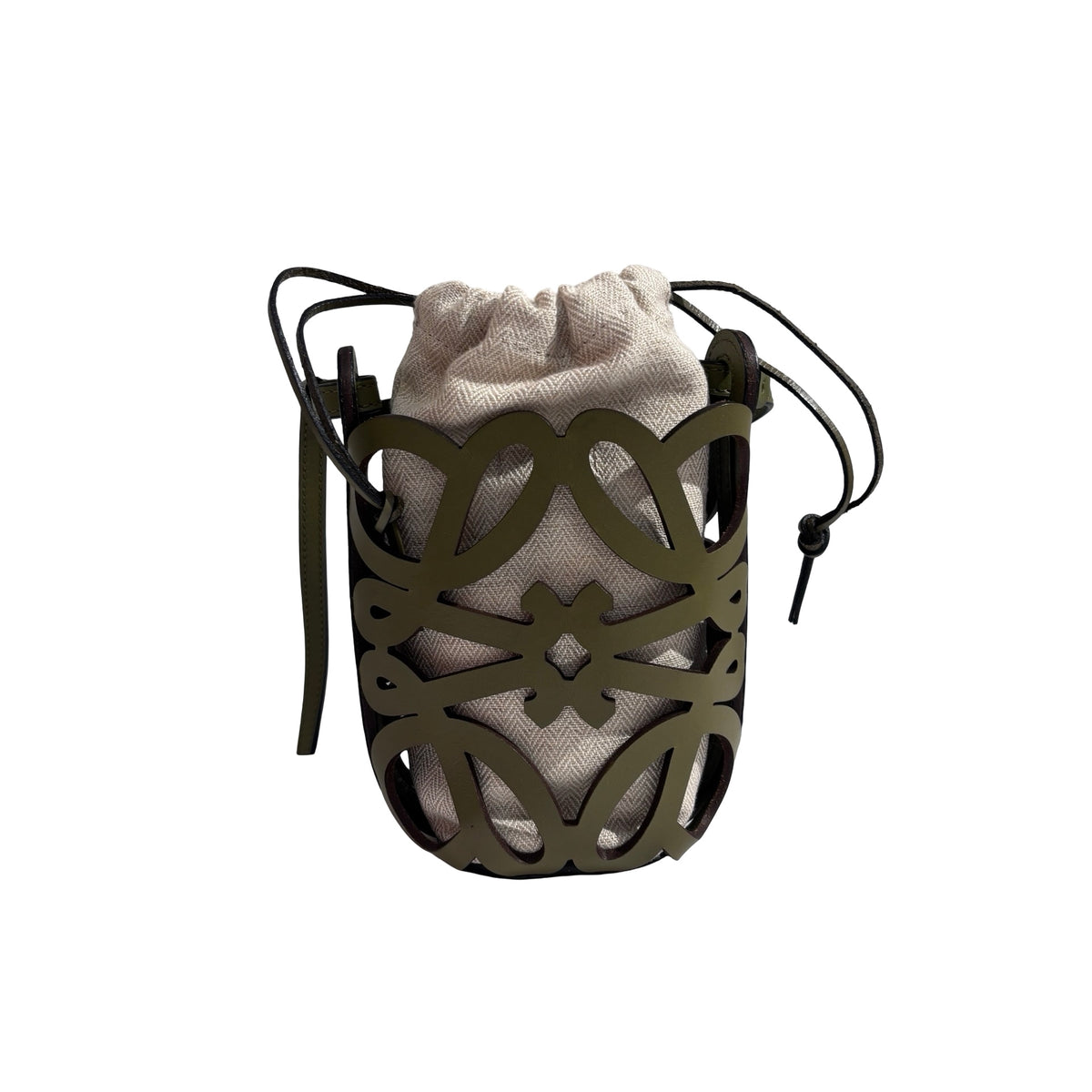 Used LOEWE Leather Canvas Anagram Cutout Pocket Bucket Bag Khaki Beige
