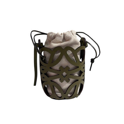 Used LOEWE Leather Canvas Anagram Cutout Pocket Bucket Bag Khaki Beige