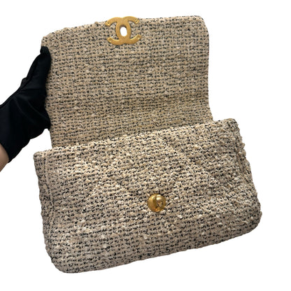 Used CHANEL Tweed 19 Small Cross Body Bag GHW Beige White
