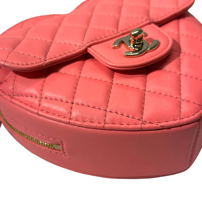 Used CHANEL Lambskin Leather HEART Cross Body Bag Pink GHW