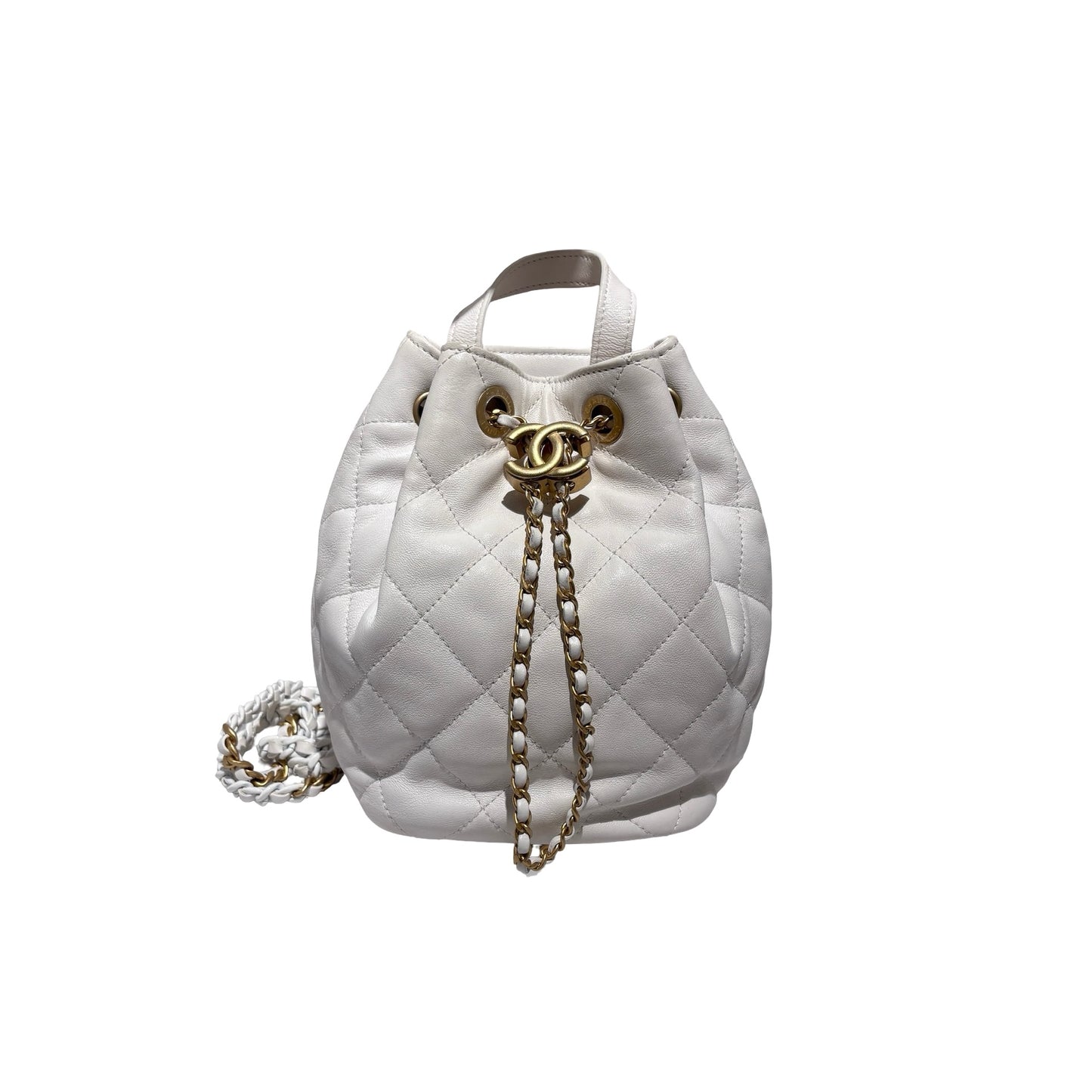 Used CHANEL Lambskin 22S Mini Drawstring Bucket Backpack Cross body bag White