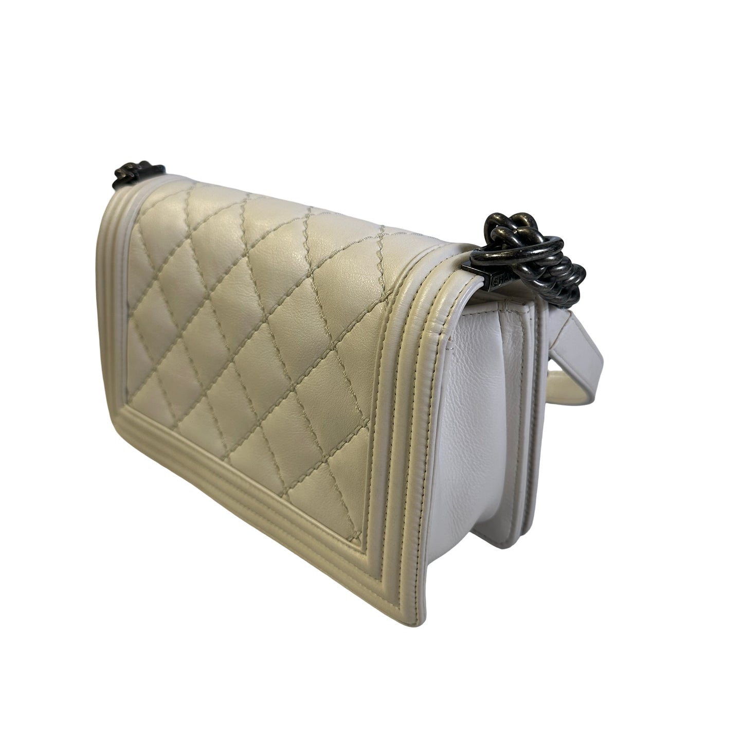 Used CHANEL Quilted Calfskin Boy Chain Shoulder Bag White