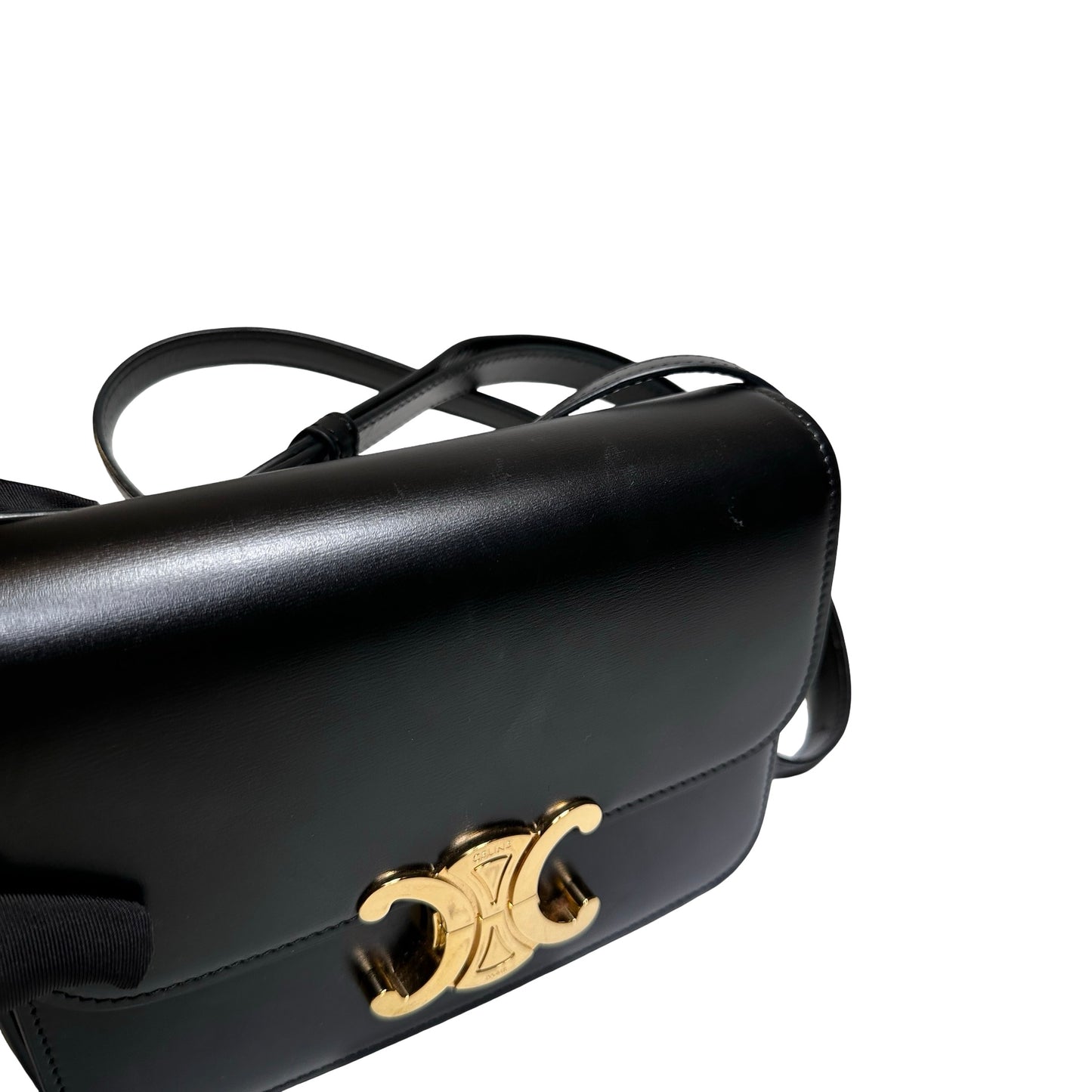 Used CÉLINE Calfskin Leather TEEN TRIOMPHE Cross Body Bag Black GHW