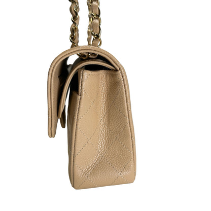 Brand New CHANEL Quilted Caviar Classic Flap Chain Shoulder Bag Beige Gold