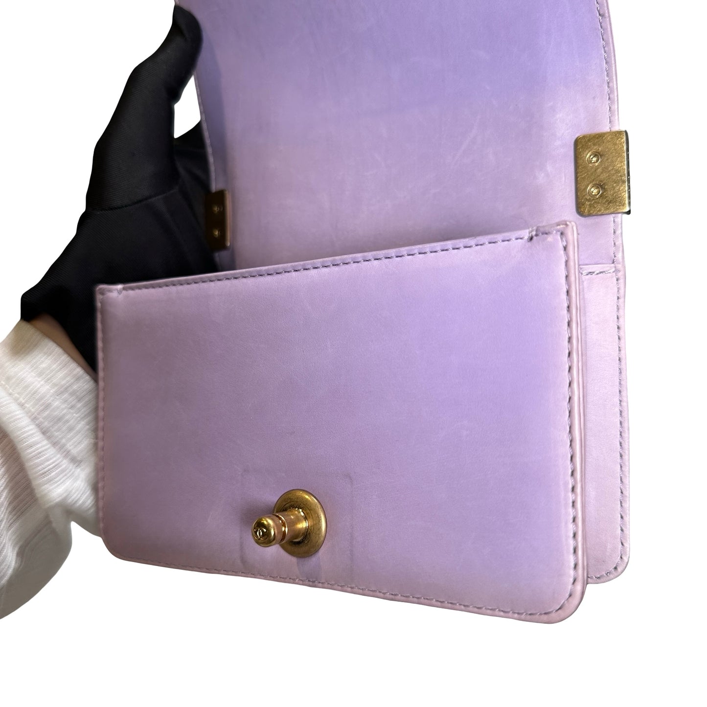 Used CHANEL Braided Lambskin Boy Chain Shoulder Bag Lilac Gold
