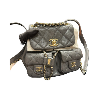 Used CHANEL Caviar Quilted Duma Backpack Mini Backpack Grey Gold