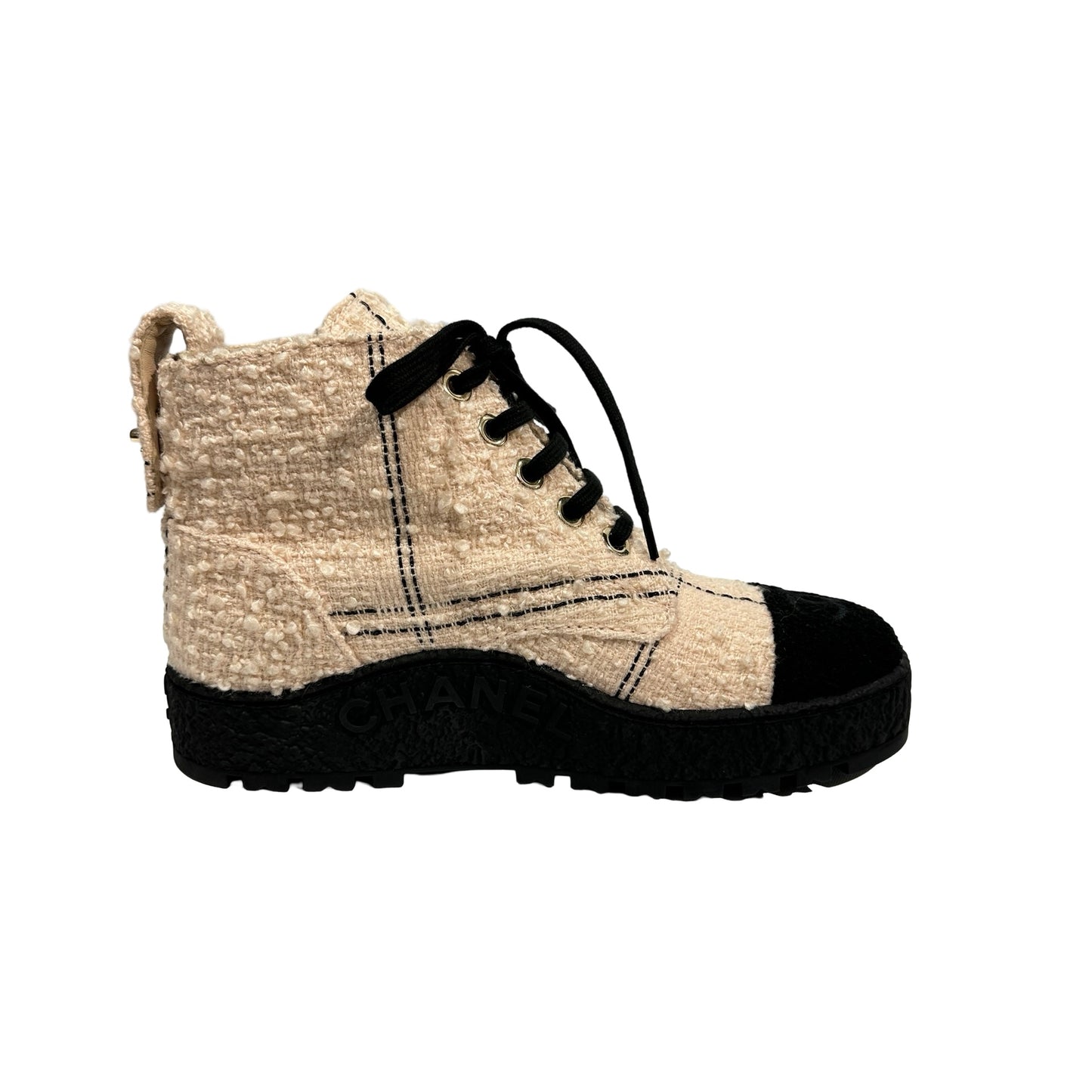 Used CHANEL Tweed High-top Sneakers Shoes Beige Black GHW