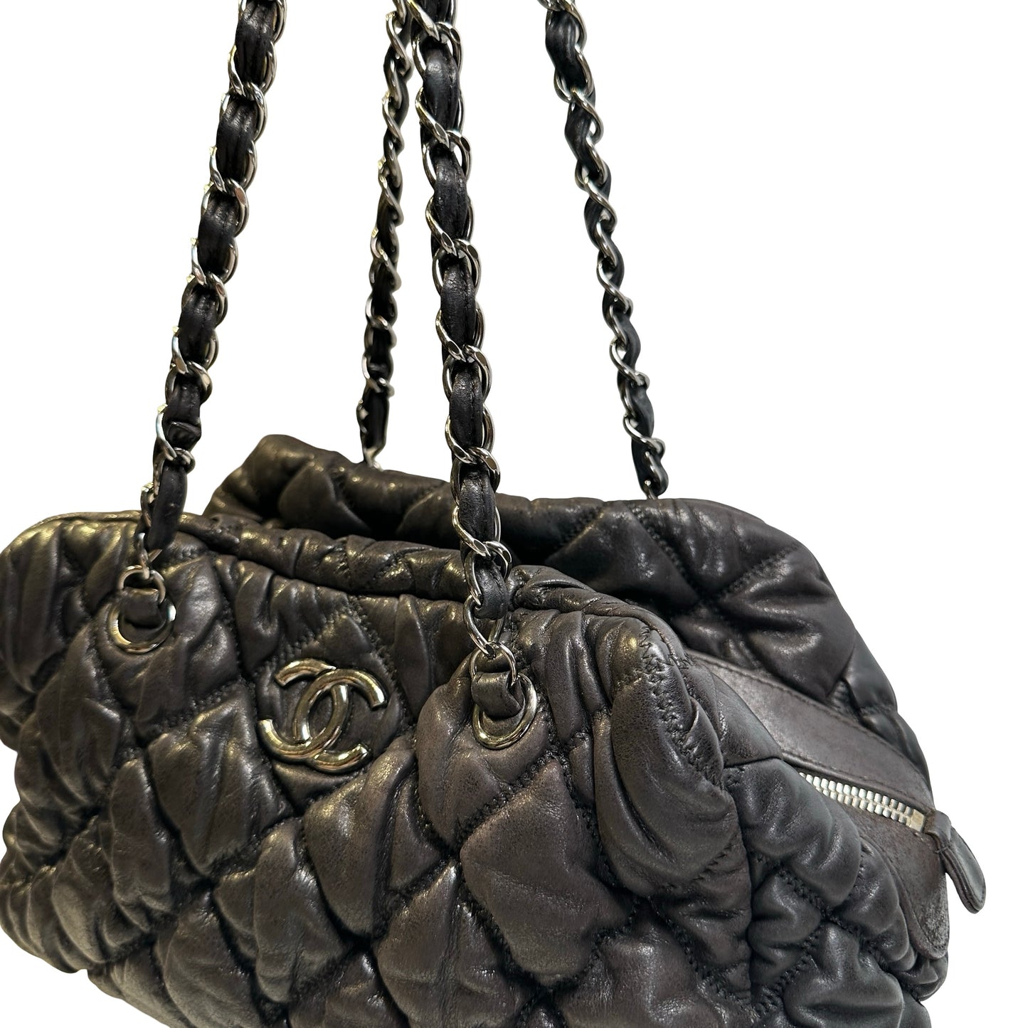 Used CHANEL Quilted Leather Bubble Quilted Bowler Bag Handbag Black Silver hardware