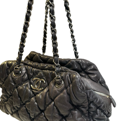 Used CHANEL Quilted Leather Bubble Quilted Bowler Bag Handbag Black Silver hardware