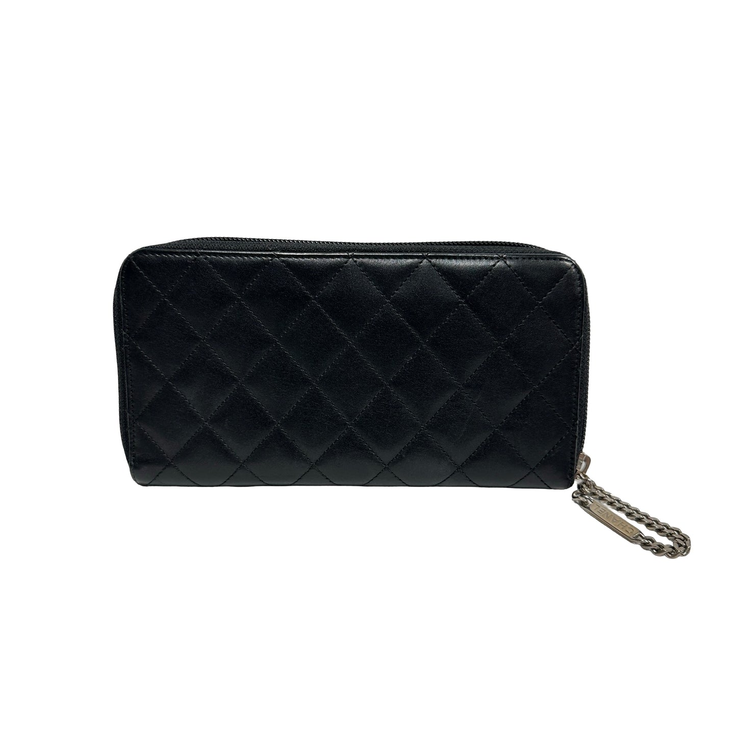 Used Chanel Lambskin Leather Cambon Long Round Wallet Black PHW