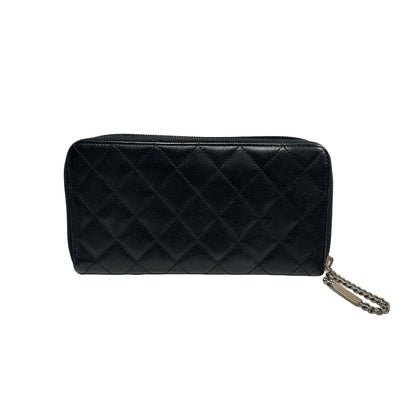 Used Chanel Lambskin Leather Cambon Long Round Wallet Black PHW