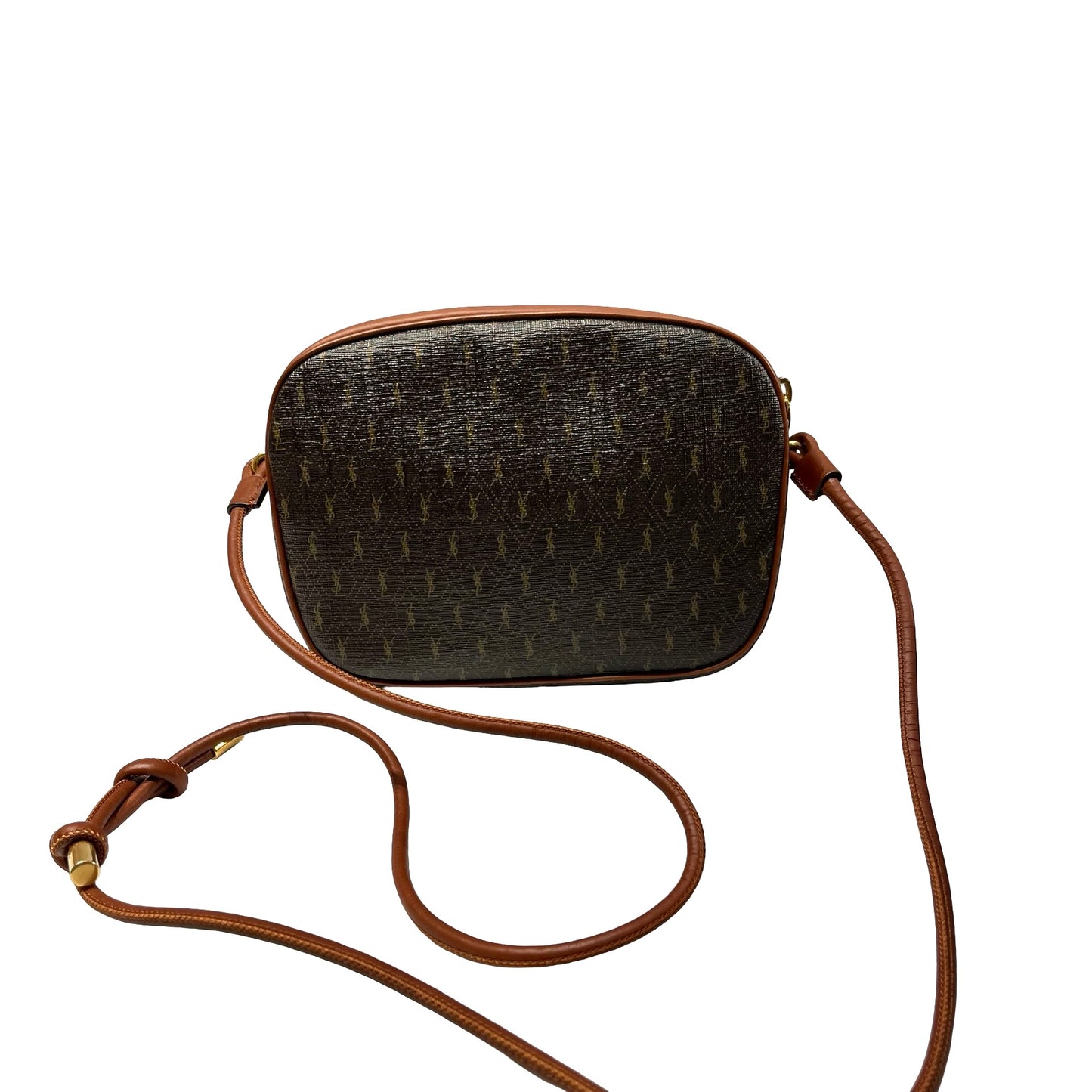 Used SAINT LAURENT Calfskin Leather Monogram Crossbody Shoulder Bag Brown GHW