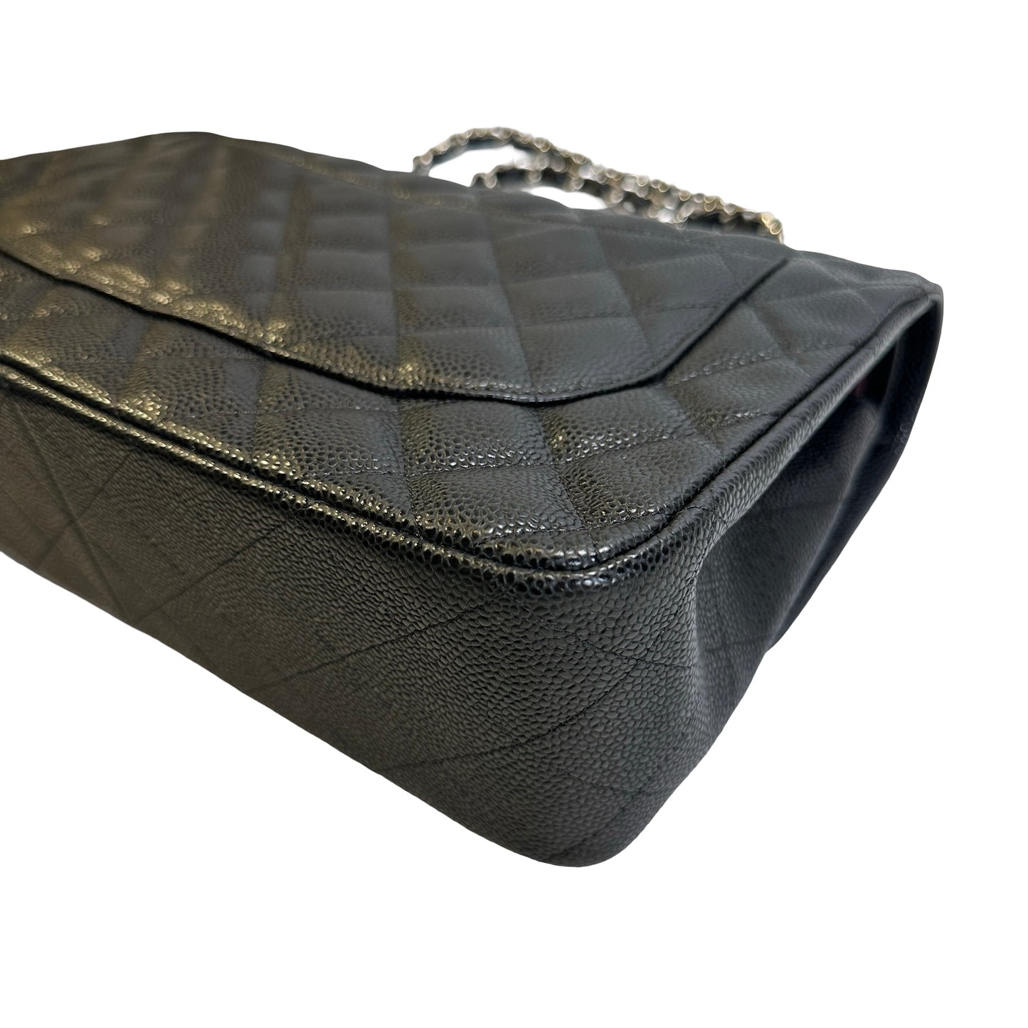 Used CHANEL Quilted Caviar leather Jumbo Single Flap Bag Shoulder Bag Black Silver hardware