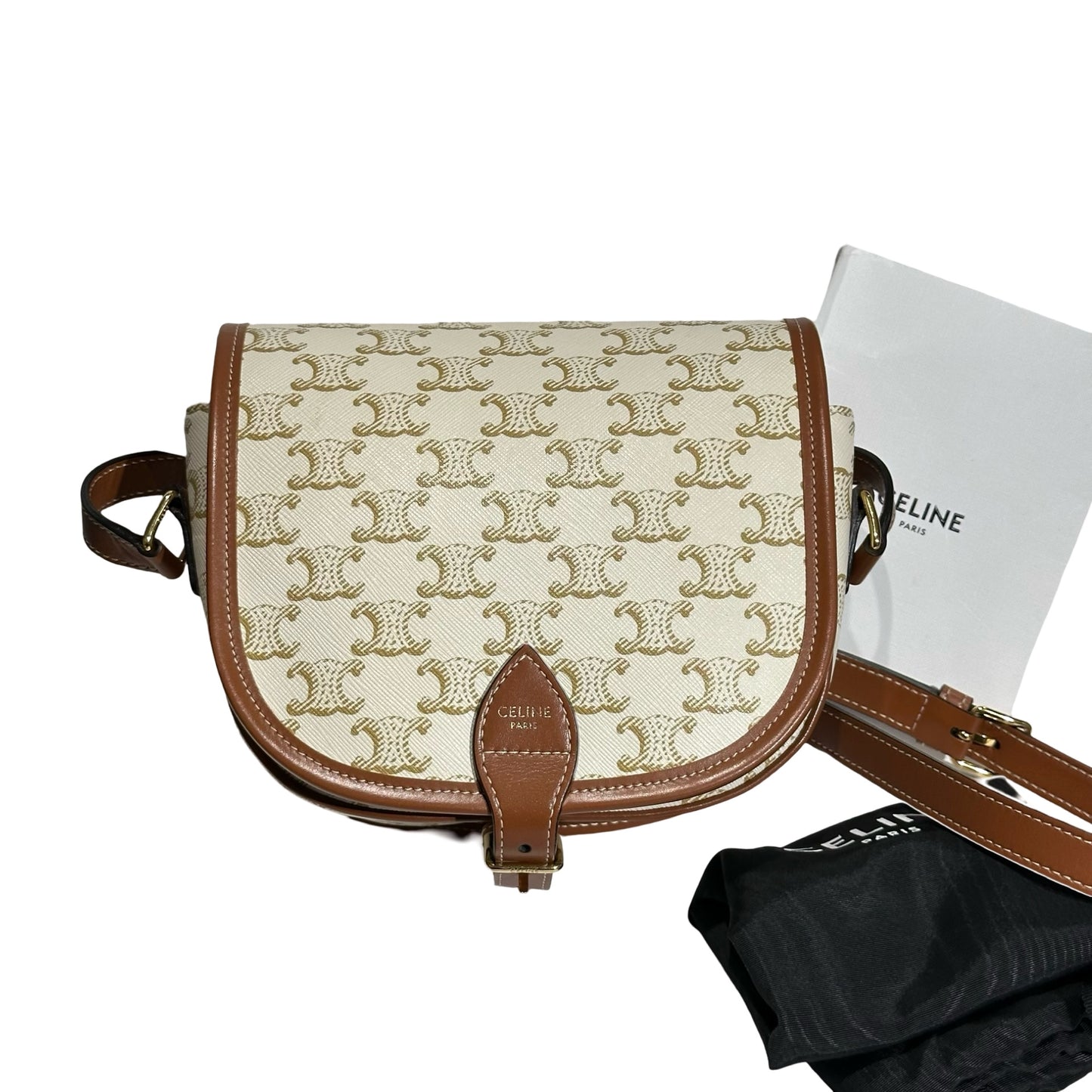 Used CÉLINE Canvas Folco Medium Cross Body Bag White Brown GHW