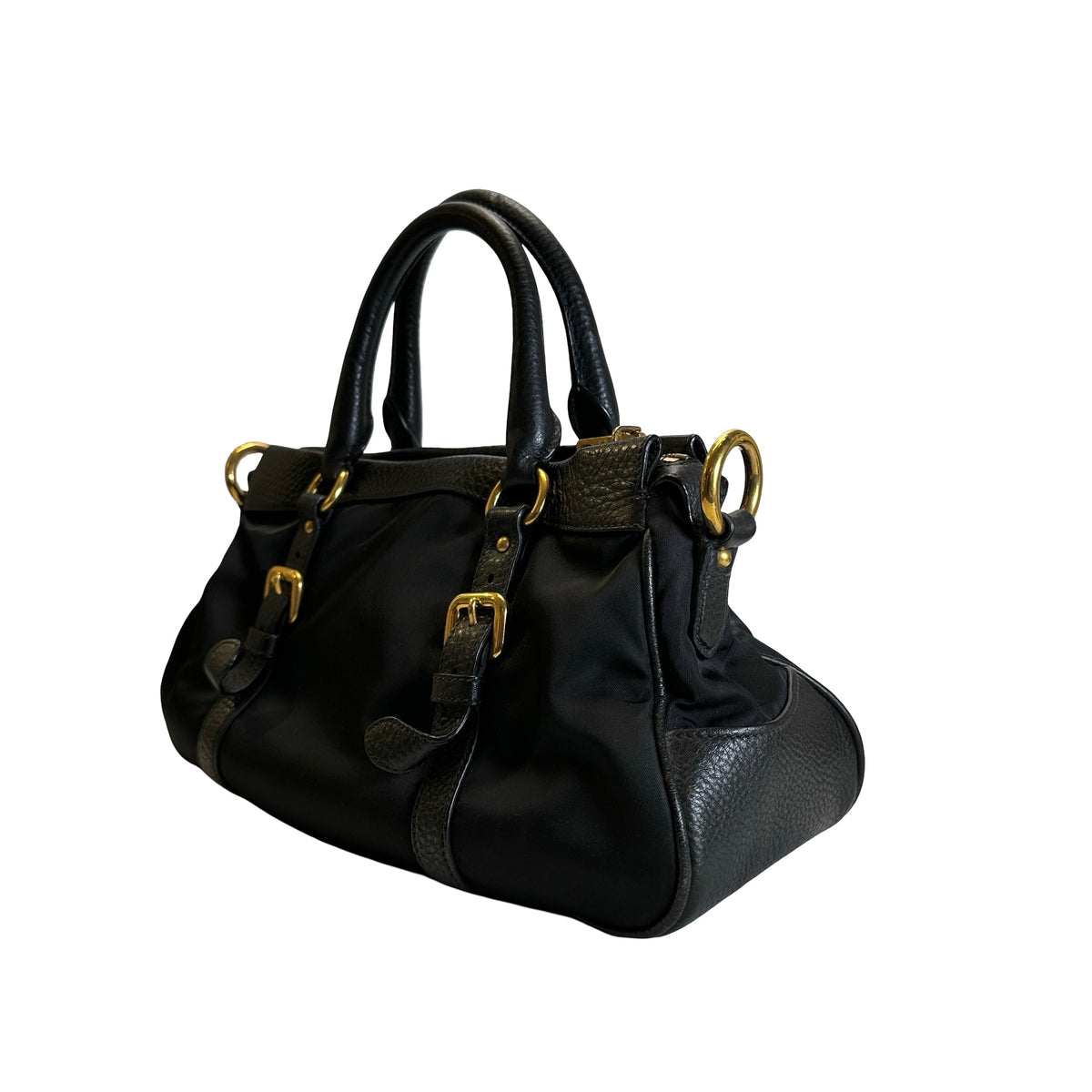 Used PRADA Nylon Leather Tessuto Vitello Daino Satchel Handbag Black Gold