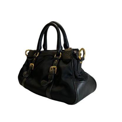 Used PRADA Nylon Leather Tessuto Vitello Daino Satchel Handbag Black Gold