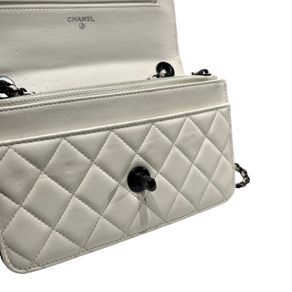Used CHANEL Lambskin Leather WOC Shoulder Bag White Black Hardware