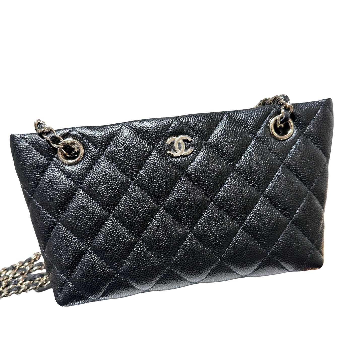 Used CHANEL Caviar Leather Mini Clutch with Chain Cross Body Bag Black GHW