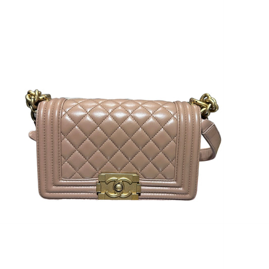 Used CHANEL Calfskin Leather Boy 20cm Shoulder Bag Beige GHW