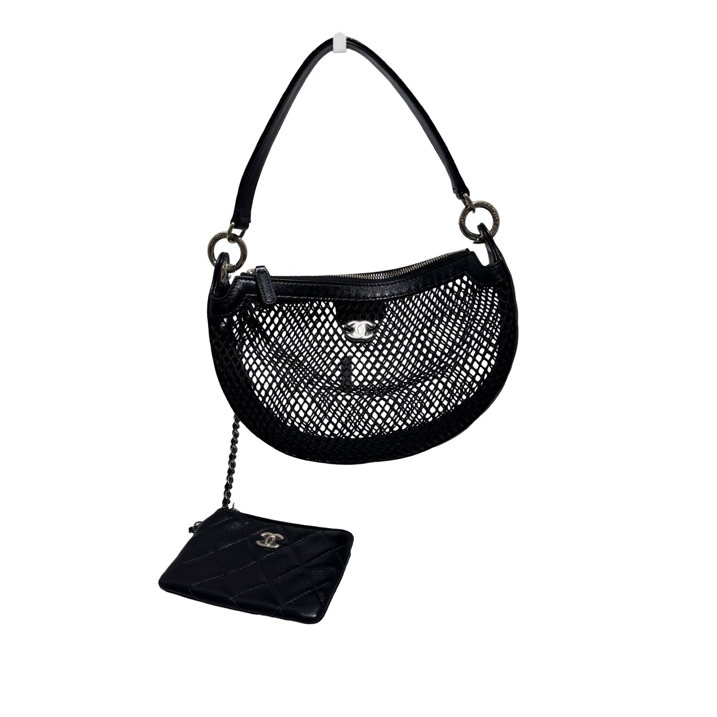 Used CHANEL Mesh 25S Half Moon Clutch Chain Shoulder Bag Black