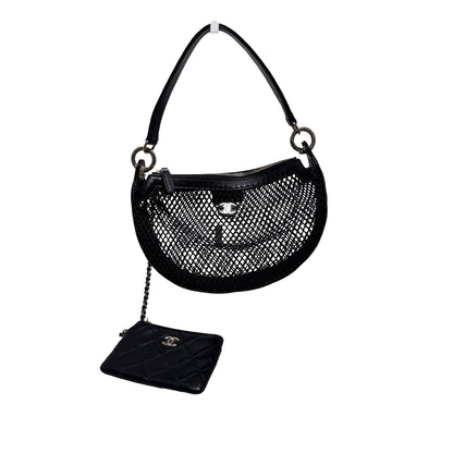Used CHANEL Mesh 25S Half Moon Clutch Chain Shoulder Bag Black