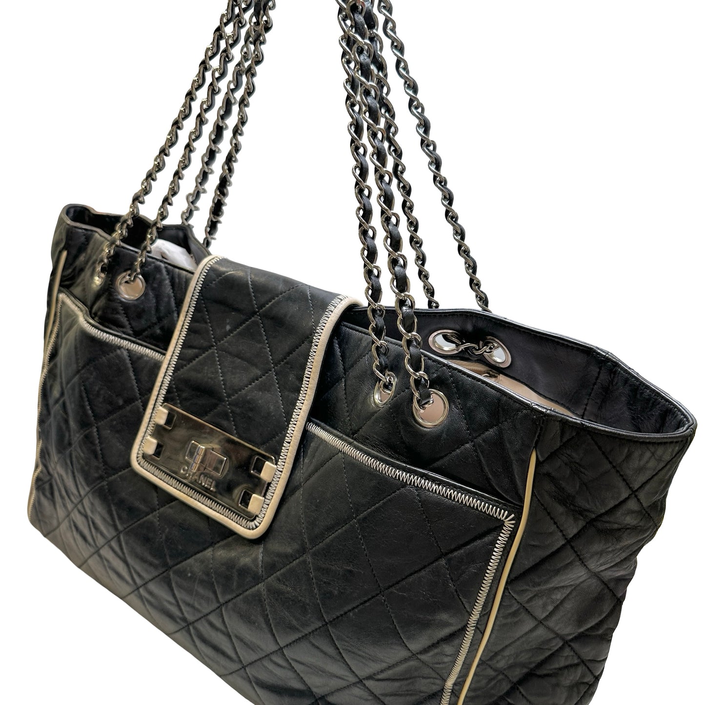 Used CHANEL Quilted Leather Quilted Tote Tote Bag Black Silver