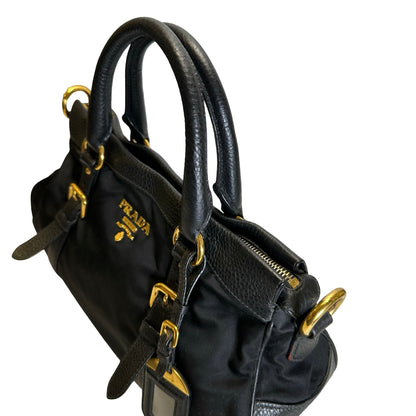Used PRADA Nylon Leather Tessuto Vitello Daino Satchel Handbag Black Gold