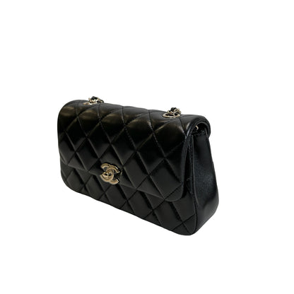 Used CHANEL Quilted Lambskin Mini Rectangular Flap Bag Chain Shoulder Bag Black Gold