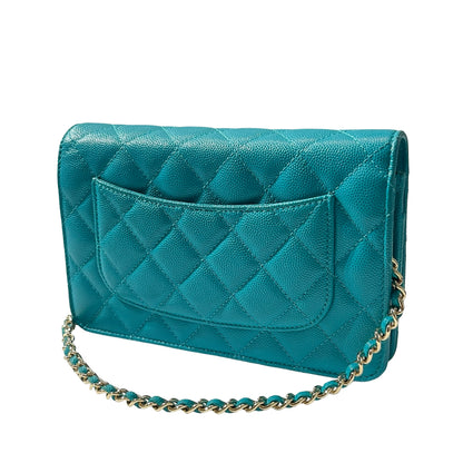 Used CHANEL Calfskin Leather WOC Cross Body Bag Green GHW