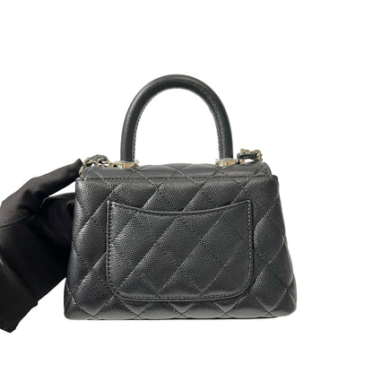 Used CHANEL Calfskin Leather Nano Coco Handle Shoulder Bag Black GHW