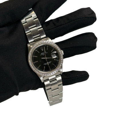 Used ROLEX Stainless Steel Diamond Bezel Oyster Perpetual Date Watch Silver Black