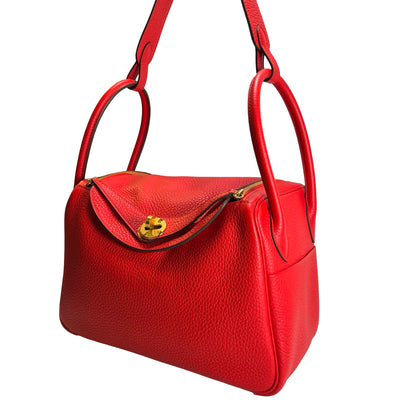 Used HERMES Clemence Lindy Handbag Red
