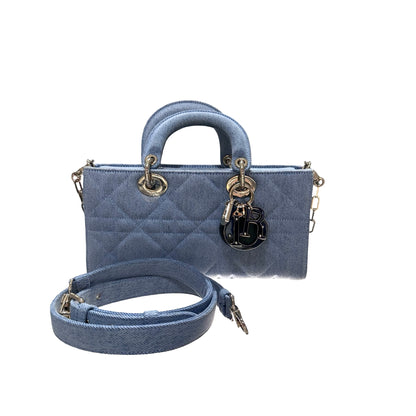 Used DIOR Denim Cannage D-Joy Medium Two Way Shoulder Bag Light Blue