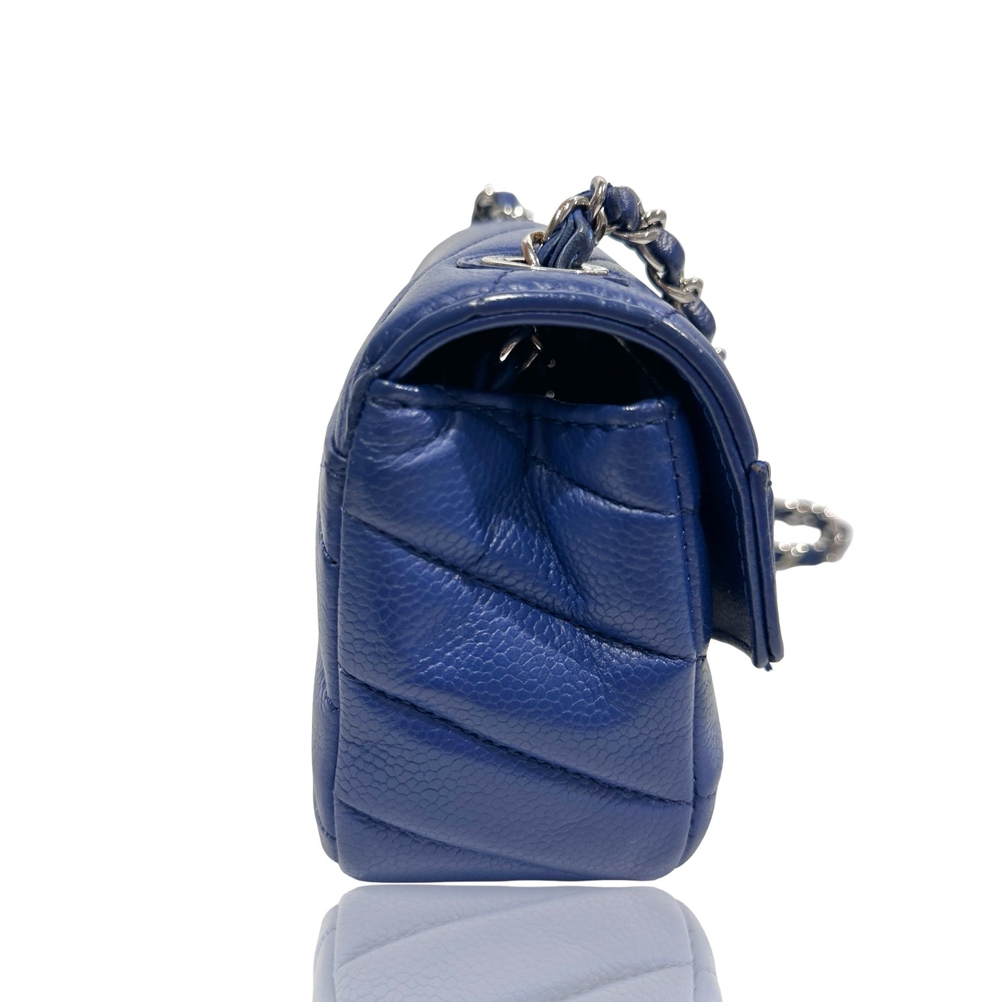 Used CHANEL Calfskin Leather FLAP Cross Body Bag Navy Blue PHW