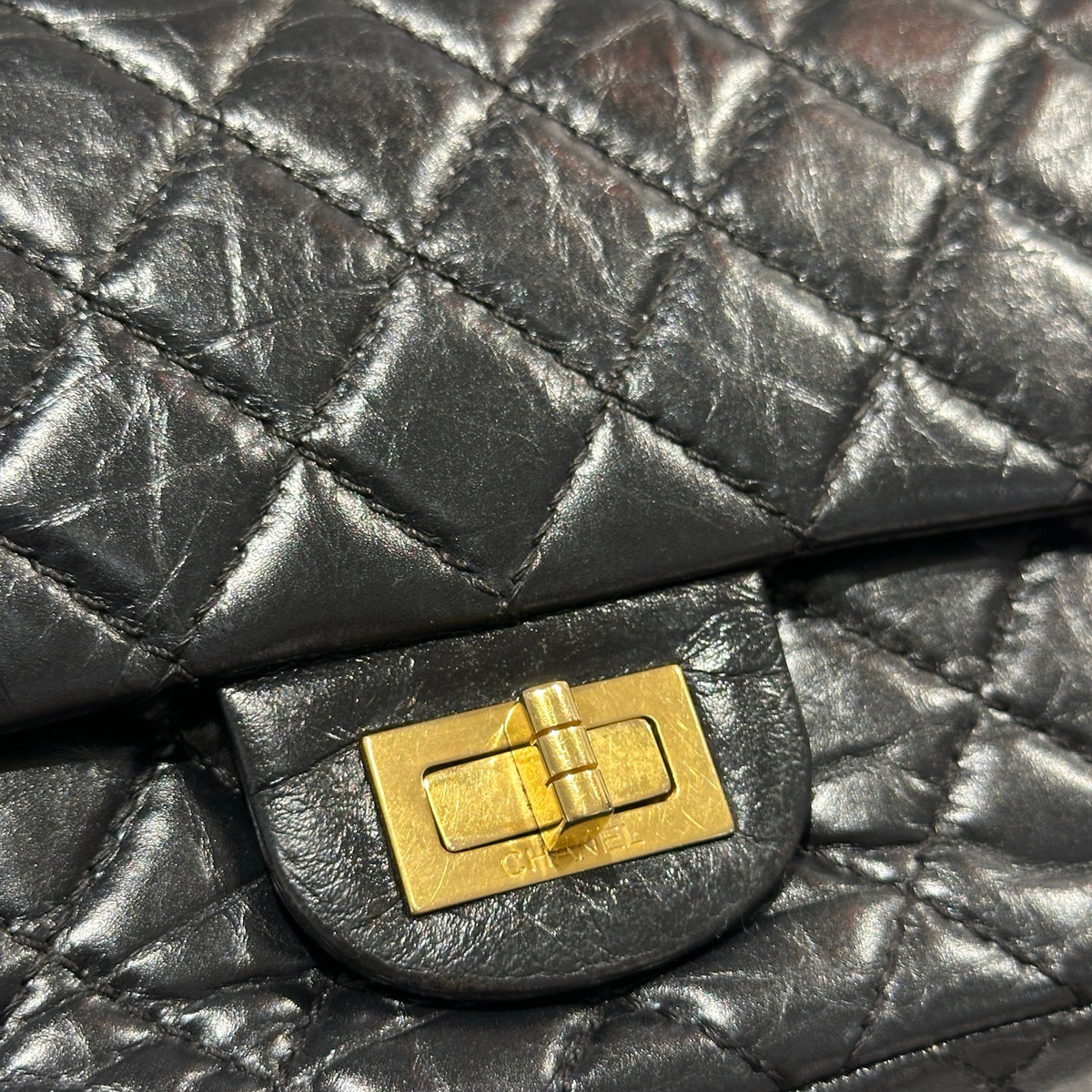 Used CHANEL Quilted Aged Calfskin 2.55 Small Chain Shoulder Bag Black Gold