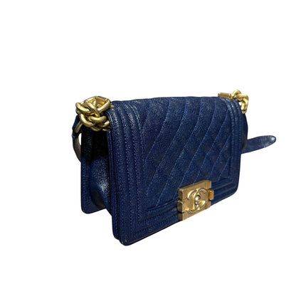 Used Chanel Calfskin Leather Boy 20cm Shoulder Bag Navy GHW
