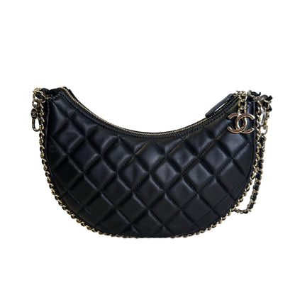 Used CHANEL Quilted Leather Quilted Hobo Hobo Bag Black Gold