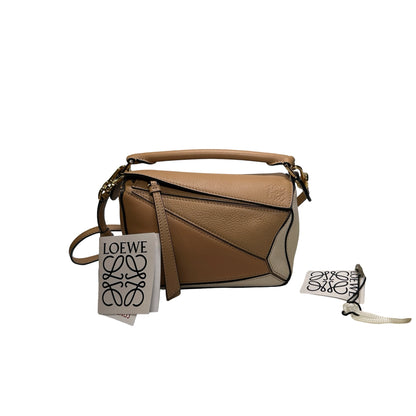 Used LOEWE Calfskin Leather MINI PUZZLE Cross Body Bag Beige Brown