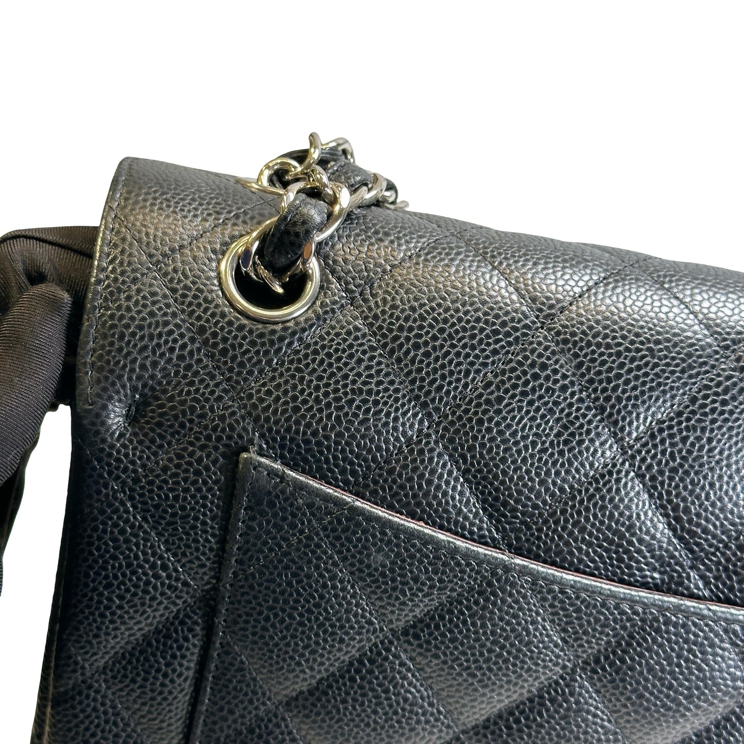 Used CHANEL Quilted Caviar Leather Classic Flap Chain Shoulder Bag Black Silver