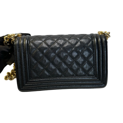 Used CHANEL Caviar Leather Quilted Boy 20 Shoulder Bag Black Gold