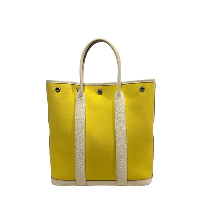 Used HERMES Canvas Leather Garden File Tote Bag Yellow White