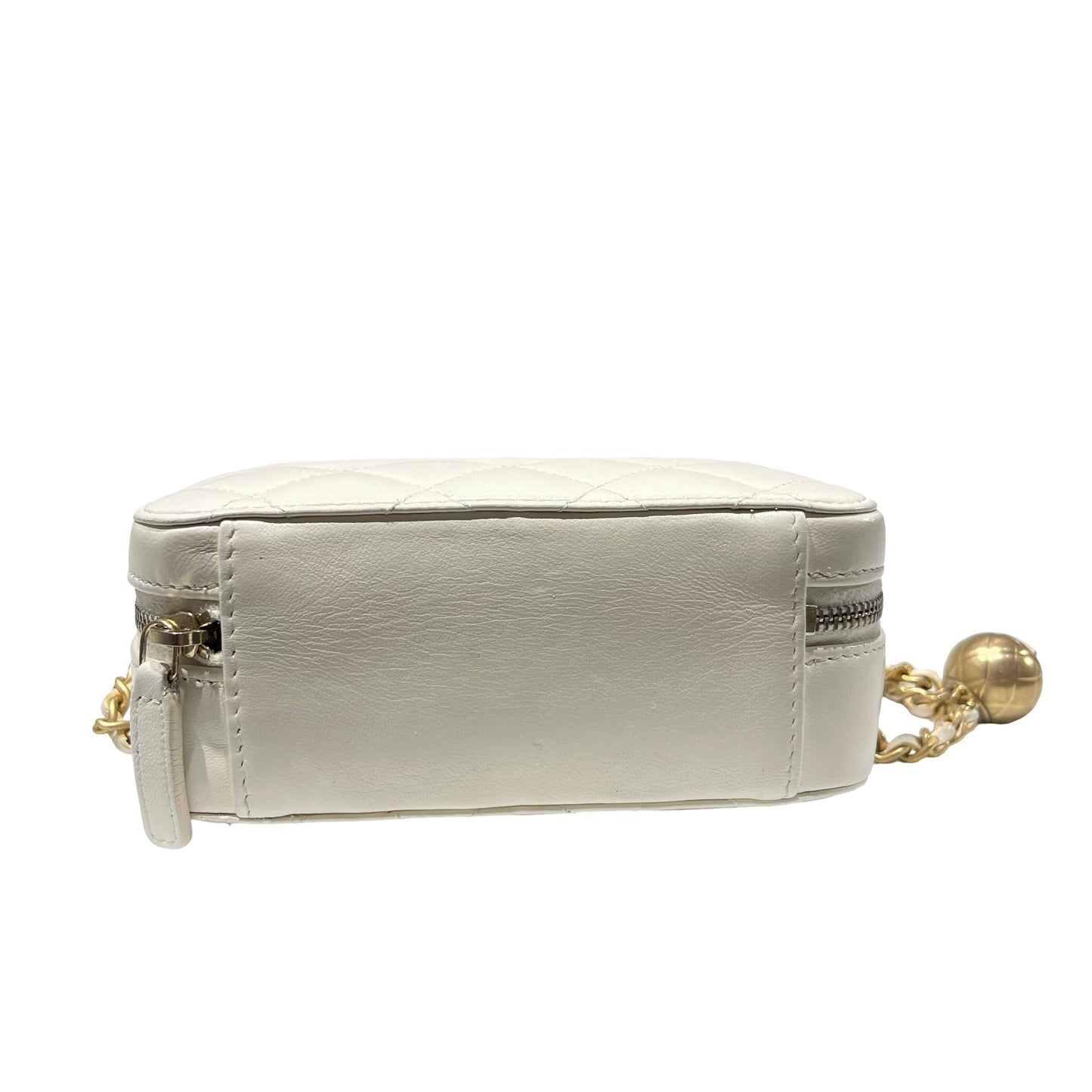 Used CHANEL Lambskin Leather Camera case with golden ball Camera Bag White GHW