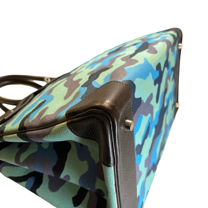 Used HERMES Camouflage Leather Toile HAC Birkin 35 Handbag Brown Blue Green