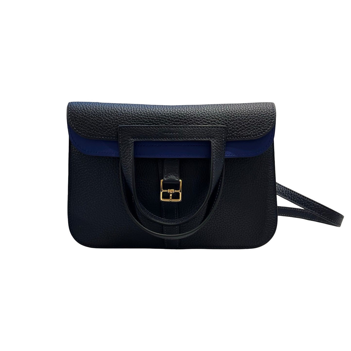 Used HERMÈS Calfskin Leather Halzan Shoulder Bag Blue GHW