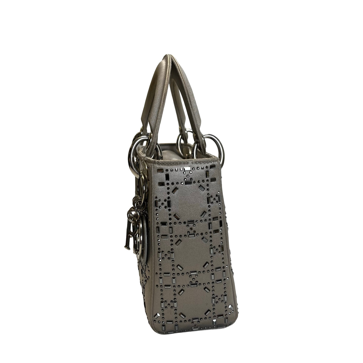 DIOR Cannage Studded Lady Dior Handbag Grey Silver