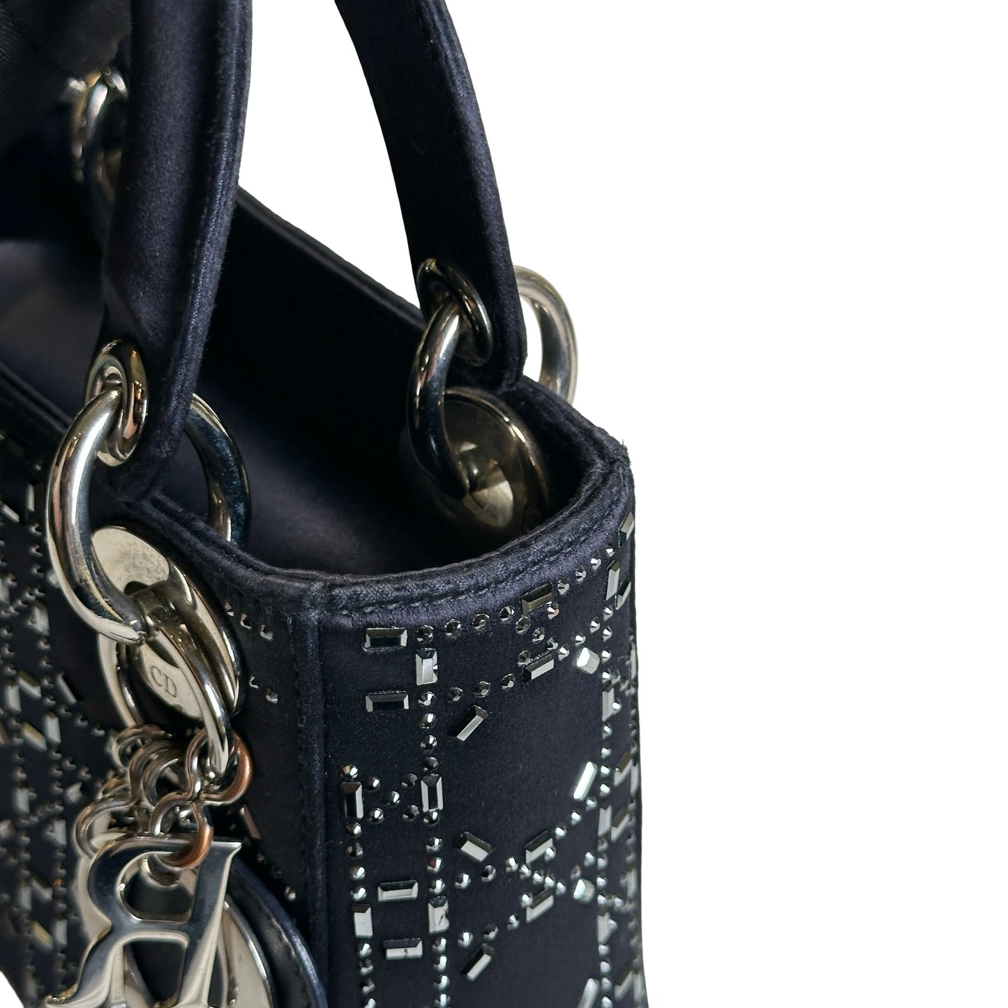 Used DIOR Cannage Rhinestone Lady Dior Handbag Black Silver