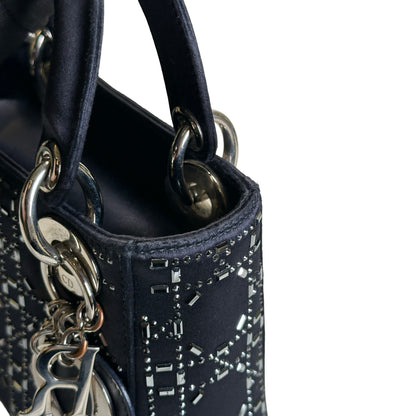 Used DIOR Cannage Rhinestone Lady Dior Handbag Black Silver