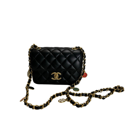 Used CHANEL Quilted Lambskin Mini Flap Bag Shoulder Bag Black Gold